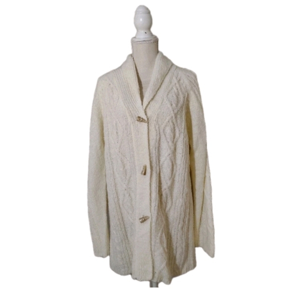 Susan Graver Sweaters - Susan Graver Chunky Cable Knit Cardigan Sweater Cream Women's Size L